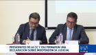Los presidentes de la Corte Constitucional y de la Corte Nacional de Justicia firmaron una declaración conjunta en defensa de la independencia judicial. Señalaron que no es necesario desmantelar instituciones para recuperar la confianza ciudadana.

Un reportaje de Belén Merizalde