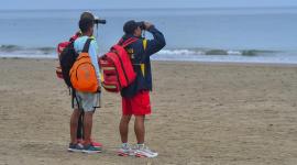 Salvavidas vigilan la playa El Murciélago este miércoles, en Manta (Ecuador). Habitantes y turistas de algunas islas fueron evacuados de forma preventiva ante la alerta de tsunami