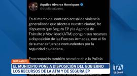 El Municipio de Guayaquil ofrece a las Fuerzas Armadas y Policía Nacional los recursos de la ATM y Segura EP para reforzar la seguridad en la ciudad.
Vía: Ricardo Alcívar