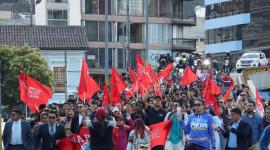 Estudiantes de la Universidad Central protestan en el centro de la capital este miércoles 16 de julio del 2025.
