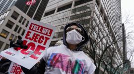 People take part in a rally to stop ICE enforcement at the Super Bowl, outside of NFL Headquarters in New York City, U.S., February 03, 2026.    REUTERS/Adam Gray