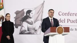 El secretario de Seguridad y Protección Ciudadana, Omar García Harfuch, participa en una rueda de prensa este lunes en Palacio Nacional de la Ciudad de México (México).