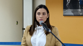 La jueza Mercedes Caicedo durante la exposicíón de su plan de trabajo para el Consejo de la Judicatura.