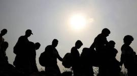 Migrantes caminando bajo el sol.