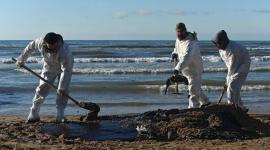 Voluntarios trabajan para limpiar el petróleo pesado derramado en la costa del pueblo ruso de Vityazevo, cerca del balneario de Anapa en el mar Negro, el 20 de diciembre.