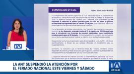 La ANT canceló las citas de este viernes y la jornada extraordinaria del sábado debido al feriado nacional. Además, amplió la prórroga para circular con licencias caducadas hasta el 31 de agosto.