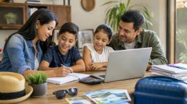 Una familia planifica su presupuesto para las vacaciones familiares.