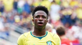 Estadio New York New Jersey, East Rutherford, Nueva Jersey, EE. UU. - 5 de julio de 2026. Vinicius Junior, de Brasil, reacciona.