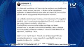 El Ministerio de Educación confirmó que este miércoles 28 de octubre se mantendrá la modalidad a distancia en las instituciones educativas públicas de los cantones Guayaquil, Samborondón y Durán en planteles donde se complique la movilidad.   Las unidades educativas particulares, universidades e institutos de la zona tendrán la facultad de decidir si retornan a las aulas o se acogen a la virtualidad, mientras que en otros sectores afectados de la Costa se aplicará el protocolo de contingencia educativa de manera focalizada a través de cada distrito.