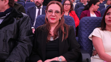 La jueza Daniella Camacho, aspirante a fiscal General del Estado, durante la rendición de cuentas de la Defensoría del Pueblo, el 22 de abril de 2026.