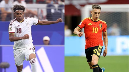 Lamine Yamal, jugador de España; y Leandro Trossard, jugador de Bélgica.