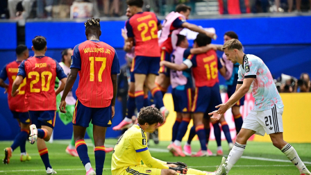 España festeja el segundo gol a Bélgica en los cuartos de final del Mundial 2026.