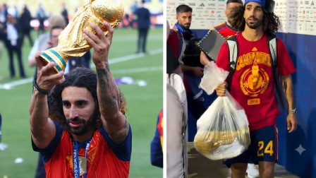 Marc Cucurella lleva el trofeo del Mundial 2026 dentro de una bolsa de plástico.