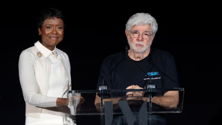 Mellody Hobson y George Lucas en la presentación del Lucas Museo de Arte Narrativo