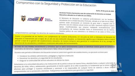 Tras el caso de un supuesto abuso a 20 niños en una unidad educativa privada ubicada en el suroriente de Quito, el Ministerio de Educación informó que intervendrá la institución por el lapso de un año.
Vía: Nathalie Jiménez