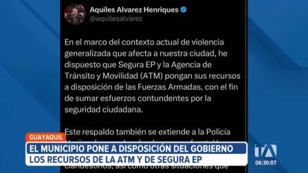 El Municipio de Guayaquil ofrece a las Fuerzas Armadas y Policía Nacional los recursos de la ATM y Segura EP para reforzar la seguridad en la ciudad.
Vía: Ricardo Alcívar