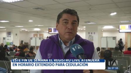 El Registro Civil atenderá en horario extendido solo para el servicio de cedulación en todo el país excepto en Esmeraldas. Los usuarios podrán agendar un turno a través de la página de la entidad y quienes no lo consigan también serán atendidos.
Vía: Juan Miguel Rodríguez