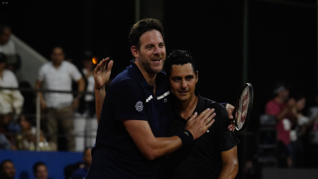 Nicolas Lapentti y Juan Manuel del Potro, se enfrentan en el "Duelo de Titanes" partido de exhibición qué entrega el trofeo Guayaquil CapitalAmericana del Deporte 2026 al ganador.Fotos:César Muñoz/API