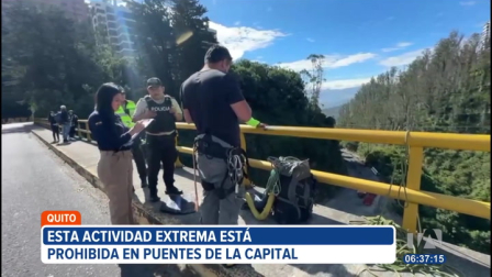 La Agencia Metropolitana de Control sancionó a un hombre que ofrecía la actividad de bungee jumping desde un puente del norte de la capital. Esta acción está prohibida en el distrito metropolitano de Quito.

Un reportaje de Nathalie Jiménez