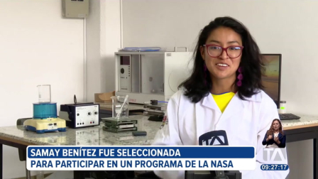 Una joven ecuatoriana fue seleccionada para participar en el programa de la NASA. Se trata de Samay Benítez de 19 años quien representará al país en los entrenamientos de la agencia espacial en Houston, Estados Unidos. Aquí la historia.

Un reportaje de Mishell Villacís