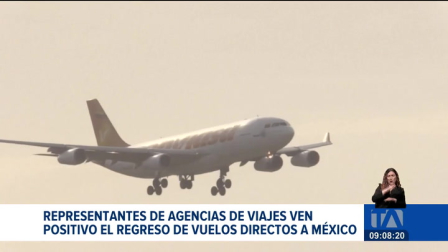Ecuador y México retomarán los vuelos directos después de un año y ocho meses de suspensión. Las agencias de viajes consideran que esta medida es positiva, ya que en promedio 100.000 personas al año utilizan esta ruta.

Un reportaje de Juan Miguel Rodríguez