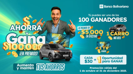 Ahorra y gana $100.000 en premios con el Banco Bolivariano.