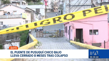 El puente de Pusuquí Chico Bajo, en el norte de Quito, permanece cerrado desde hace ocho meses tras el colapso provocado por fuertes lluvias. Los moradores piden al Municipio acelerar los trabajos, pues su movilidad continúa limitada.

Un reportaje de Nathalie Jiménez
