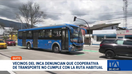 Moradores del Inca, en el norte de Quito, denuncian que una cooperativa de transporte público no está cumpliendo con su ruta habitual. Aseguran que más de 500 vecinos se ven afectados por la falta de servicio.

Un reportaje de Juan Miguel Rodríguez