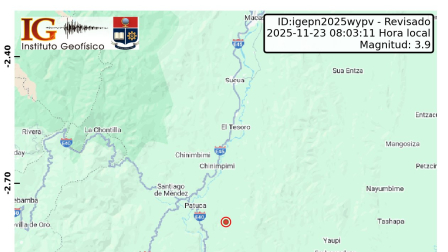 Un sismo de 3,9 se registró este domingo con epicentro en la ciudad de Sucúa, en Morona Santiago.