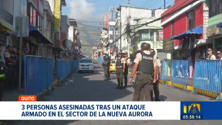 Tres personas murieron en un nuevo hecho violento registrado en el sector de la Nueva Aurora, en el sur de Quito. Las víctimas fueron atacadas con un arma de fuego en el interior de un establecimiento.

Un reportaje de Gustavo Jaramillo