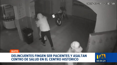 Hombres se hicieron pasar por pacientes para cometer un asalto dentro de un centro de salud, ubicado en el Centro Histórico de Quito. Durante el robo, los sospechosos se llevaron las armas de los guardias de seguridad. 

Un reportaje de Juan Miguel Rodríguez