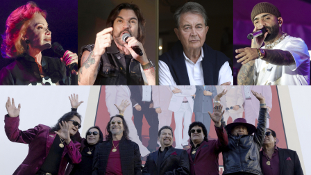 Desde arriba Paloma San Basilio, Juanes, Manolo Díaz, Arcángel, y Los Bukis (abajo).