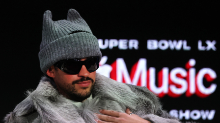 SAN FRANCISCO, CALIFORNIA - FEBRUARY 05: Bad Bunny is interviewed during the Super Bowl LX Pregame & Apple Music Super Bowl LX Halftime Show Press Conference at Moscone Center West on February 05, 2026 in San Francisco, California.   Chris Graythen/Getty Images/AFP (Photo by Chris Graythen / GETTY IMAGES NORTH AMERICA / Getty Images via AFP)