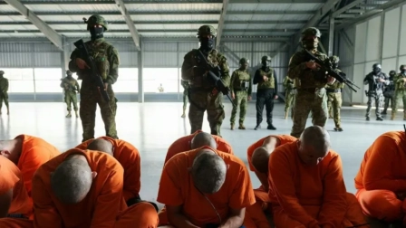 Fotografía de los primeros presos que fueron trasladados a la cárcel de El Encuentro en Santa Elena.