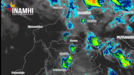 Através de imágenes satelitales se observa presencia de lluvias acompañadas de tormentas en Pichincha.