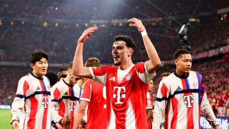 Aleksandar Pavlovic del Bayern de Múnich celebra tras ganar los cuartos de final de la Liga de Campeones de la UEFA, partido de vuelta del FC Bayern de Múnich contra el Real Madrid, en Múnich, Alemania, el 15 de abril de 2026.