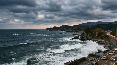 Océano con olas de gran altura que rompen con fuerza contra los muros de contención de concreto.