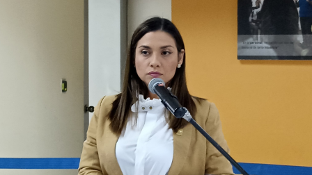 La jueza Mercedes Caicedo durante la exposicíón de su plan de trabajo para el Consejo de la Judicatura.