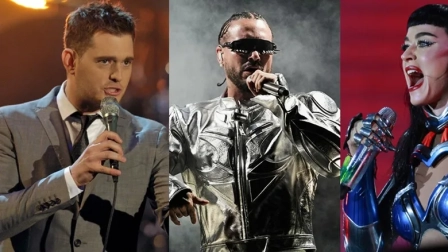 El cantante canadiense Michael Buble (i), al cantante colombiano J Balvin (c), y la cantante estadounidense Katy Perry.