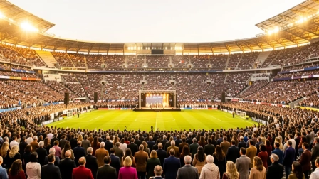 Imagen del Estadio Santiago Bernabéu preparado para un gran encuentro religioso con miles de asistentes.