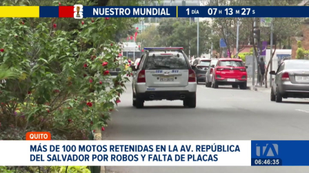 Uniformados se desplegaron en la av. República del Salvador para controlar vehículos sin placas. La intervención responde a la denuncia por robos en la zona. Un reportaje de Brigette Mancheno