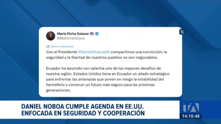Noboa cumple agenda en territorio norteamericano. El eje central de su visita culminará con una mesa de trabajo junto al asesor de Seguridad Nacional. Un reportaje de Brigette Mancheno