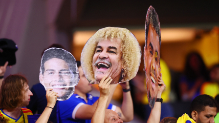 Soccer Football - FIFA World Cup 2026 - Group K - Uzbekistan v Colombia - Estadio Azteca, Mexico City, Mexico - June 17, 2026 Colombia fan holds up a picture of Carlos Valderrama in the stands before the match REUTERS/Eloisa Sanchez