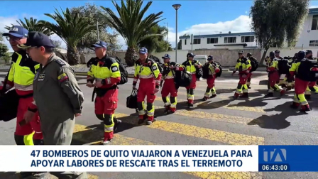El Contingente de Bomberos de Quito, integrado por 47 especialistas, partió desde el aeropuerto de Latacunga con destino a Venezuela para apoyar en labores de rescate. Un reportaje de Juan Pablo Toro