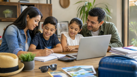Una familia planifica su presupuesto para las vacaciones familiares.