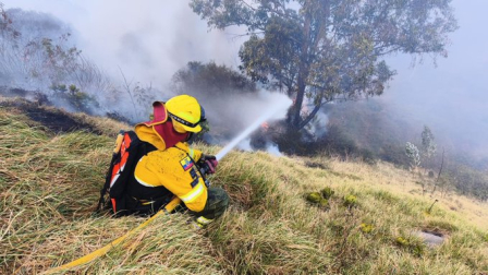 Más de 20 efectivos del Cuerpo de Bomberos de Quito trabajan para combatir el incendio en La Roldós,
