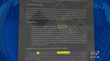 La comisión notificará la decisión al Pleno de la Asamblea tras poner a votación el borrador de informe este viernes en Guayaquil. Un reportaje de Karen Haro