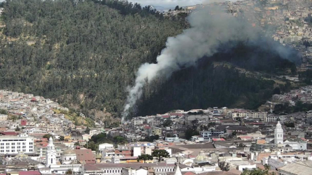 Un incendio forestal se registra en el sector de El Trébol, en el centro sur de Quito la tarde de este sábado 8 de agosto.
