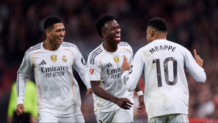 Bellingham, Vinicius y Mbappé en un partido con el Real Madrid.