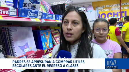 La venta de útiles escolares se intensifica ante el inicio de clases. Padres de familia acuden a los comercios, vendedores señalan que el costo de los materiales ronda los USD 150. Un reportaje de Mishell Villacís